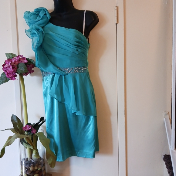 B Darlin Dresses & Skirts - B.DARLIN evening short dress original 90's chiffon and Satin aqua blue sz. S-M